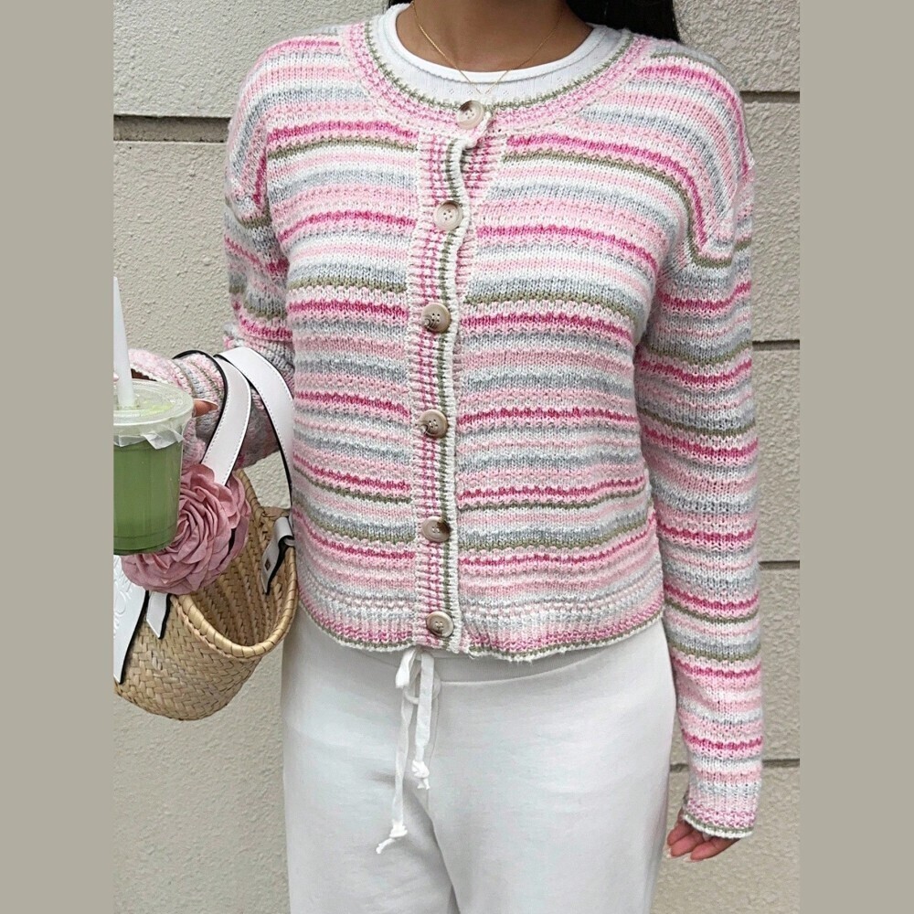 Pink Striped Knit Button Front Crop Cardigan with Round Neck
